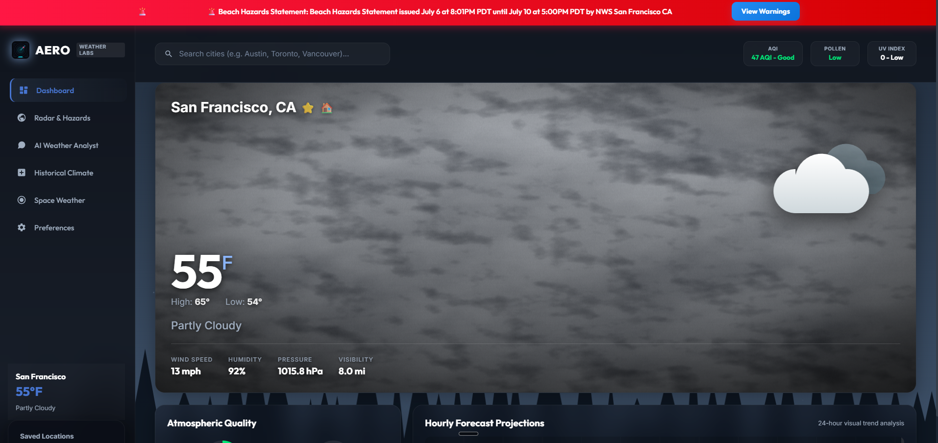 Aero Weather Labs — alert panel and station observations